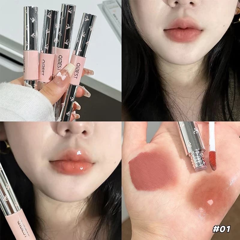 QIBEST Doppia Testa Lip Gloss Velluto Opaco Sexy Tinta Rossa Rossetto Liquido Lucidalabbra Impermeabile Smalto per labbra duraturo Cosmetici Coreani