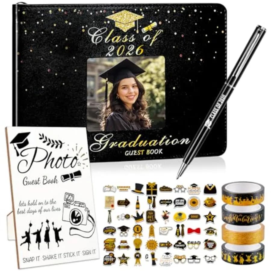 8 Pcs Graduation Guest Book 2026, Graduation Decorations Photo Guest Book Sign with Pen Stickers Washi Tape in Book Signature M