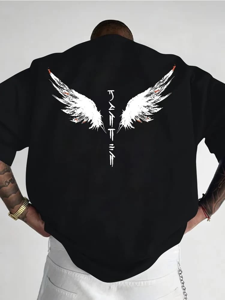 Summer Men's Casual Short-sleeved T-shirt Eye-catching Wing Pattern Print Round Neckline Design Suitable Breathable 100% Cotton