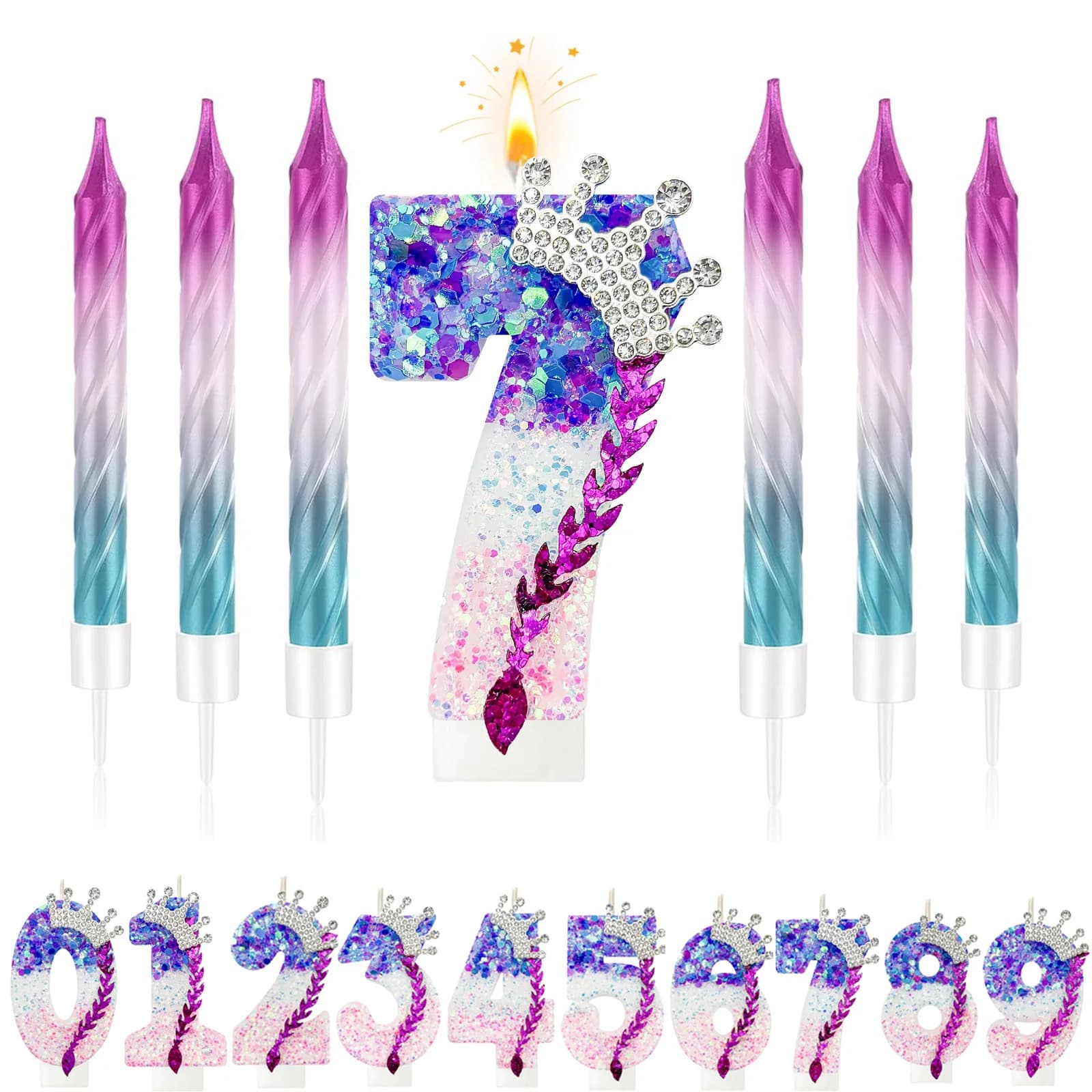 Candela di compleanno con numeri da 0 a 9, decorazione per torta con gradiente rosa viola scintillante – Decorazioni di compleanno in stile idol alla moda per torte di festa
