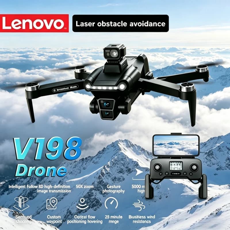 Drone Professionale Pieghevole con Evitamento Ostacoli, GPS, Fotografia Aerea HD 8K, Quadricottero Brushless FPV Lenovo V198