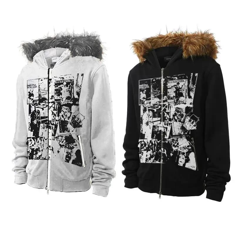 Felpa con Cappuccio Stile Rock Americano Autunno Inverno, Unisex, con Colletto in Pelliccia, Cardigan con Zip, Stile Casual da Strada, Top in Cotone a Maniche Lunghe