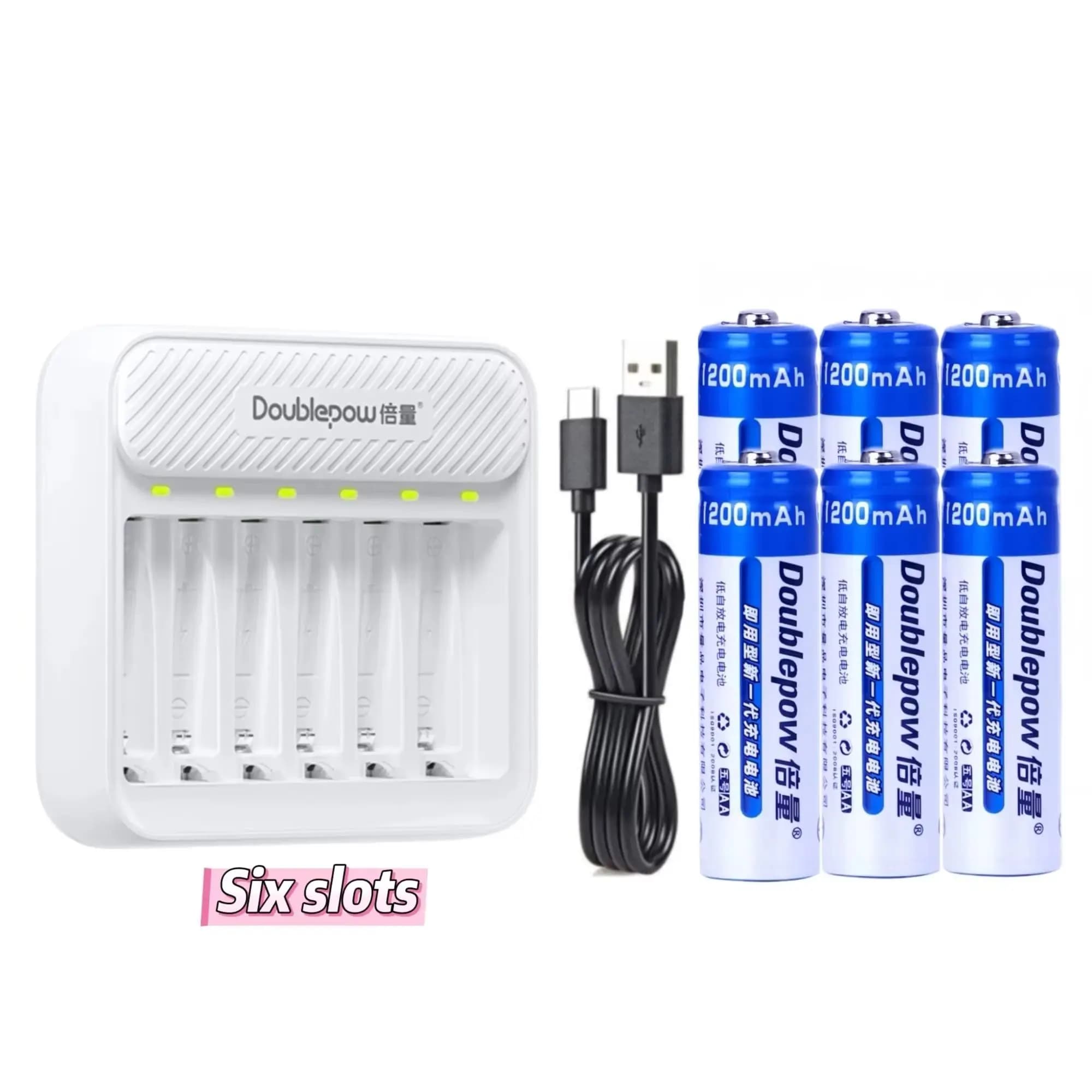 6 batterie ricaricabili AA da 1,2 V 1200 mAh con caricatore USB per console per microfoni, bilancia da cucina, spazzolino elettrico, gamepad