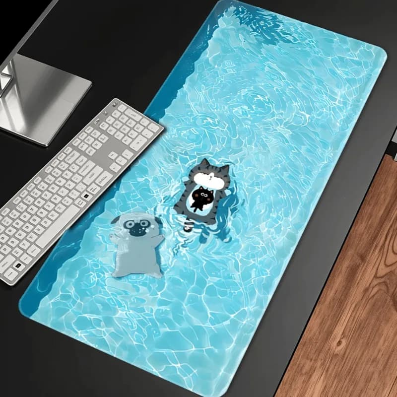 Tappetino per mouse con motivo simpatico cane e gatto, design blu con onde d'acqua, tappetini da scrivania da gioco, accessori da scrivania HD, tastiera durevole, tappetino per mouse