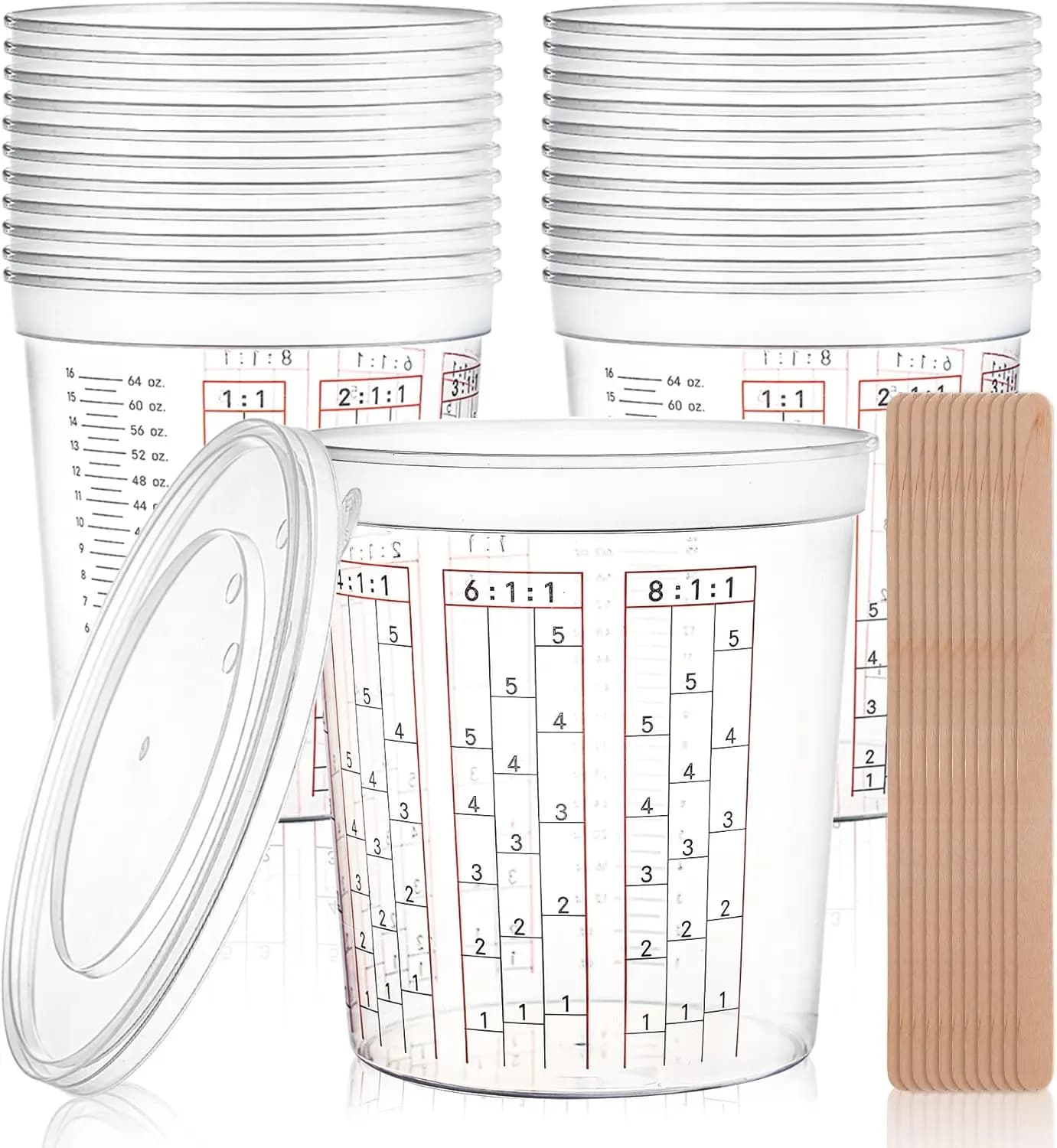 Set di 64 Bicchieri per Miscelare Vernici con Coperchi e 50 Bastoncini - Bicchieri Graduati in Plastica per Misurare Resina Epossidica, Attivatori e Diluenti