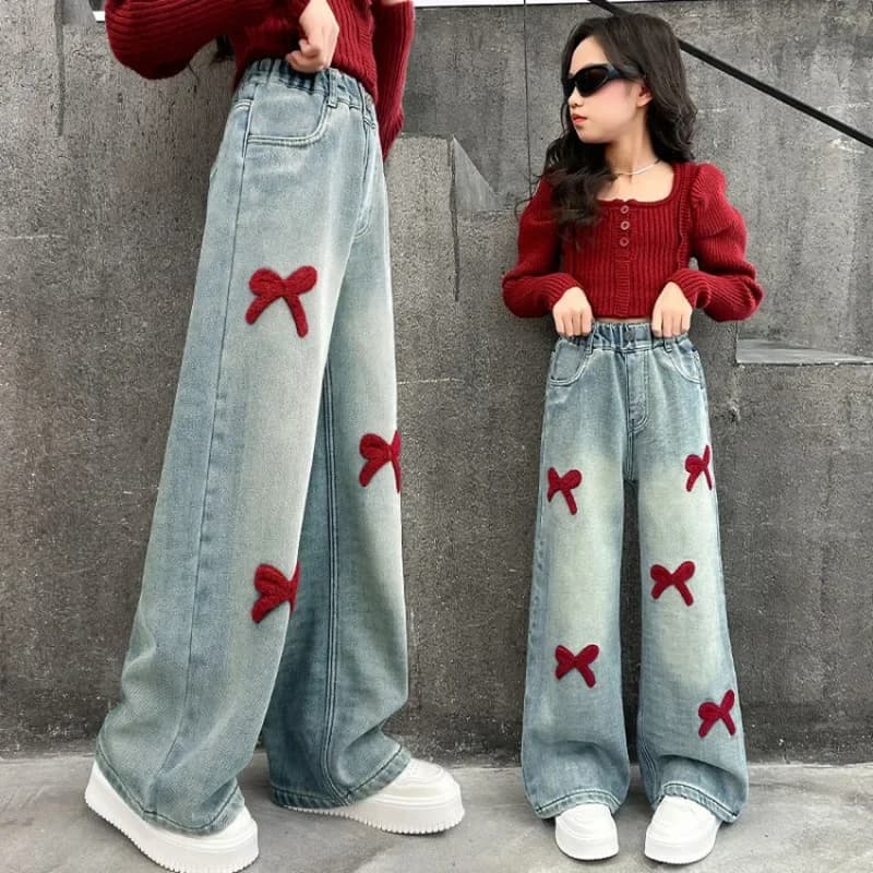 Jeans larghi a gamba larga per ragazze Pantaloni morbidi Pantaloni in denim dritti con ricamo bowknot per bambini Abbigliamento primavera autunno 5-12 anni