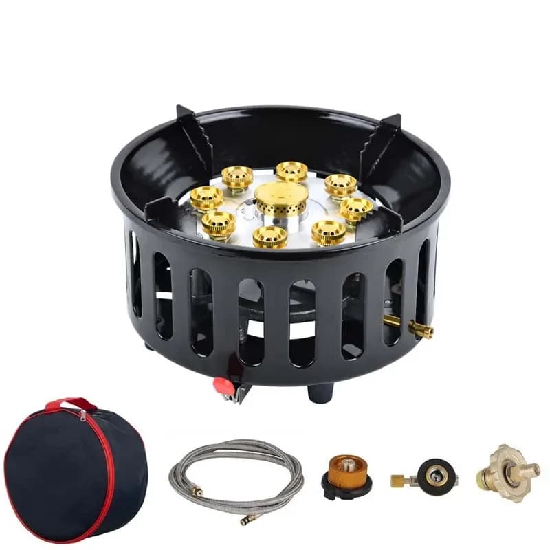 Fornello a gas a 9 core per campeggio Escursionismo BBQ Bruciatore a gas ad alta potenza Attrezzatura da campeggio con accensione elettronica antivento