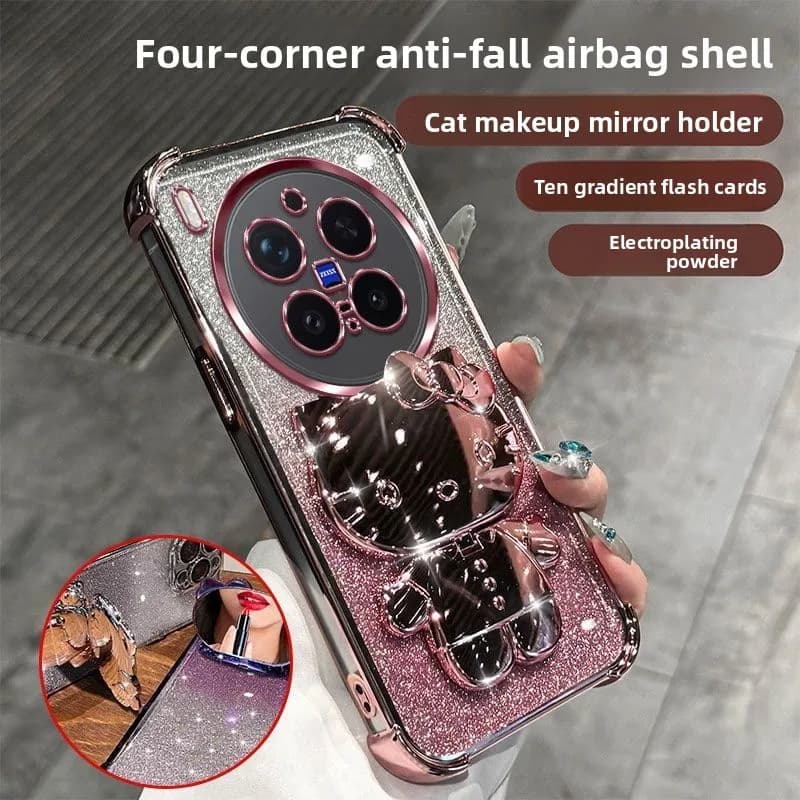 Custodia Protettiva Glitter Mirror Hello Kitty con Supporto per VIVO X300 Pro X200 Pro MINI S FE Y05 Y0S Y400 Y300 Y200 Y29/28/18/38/50