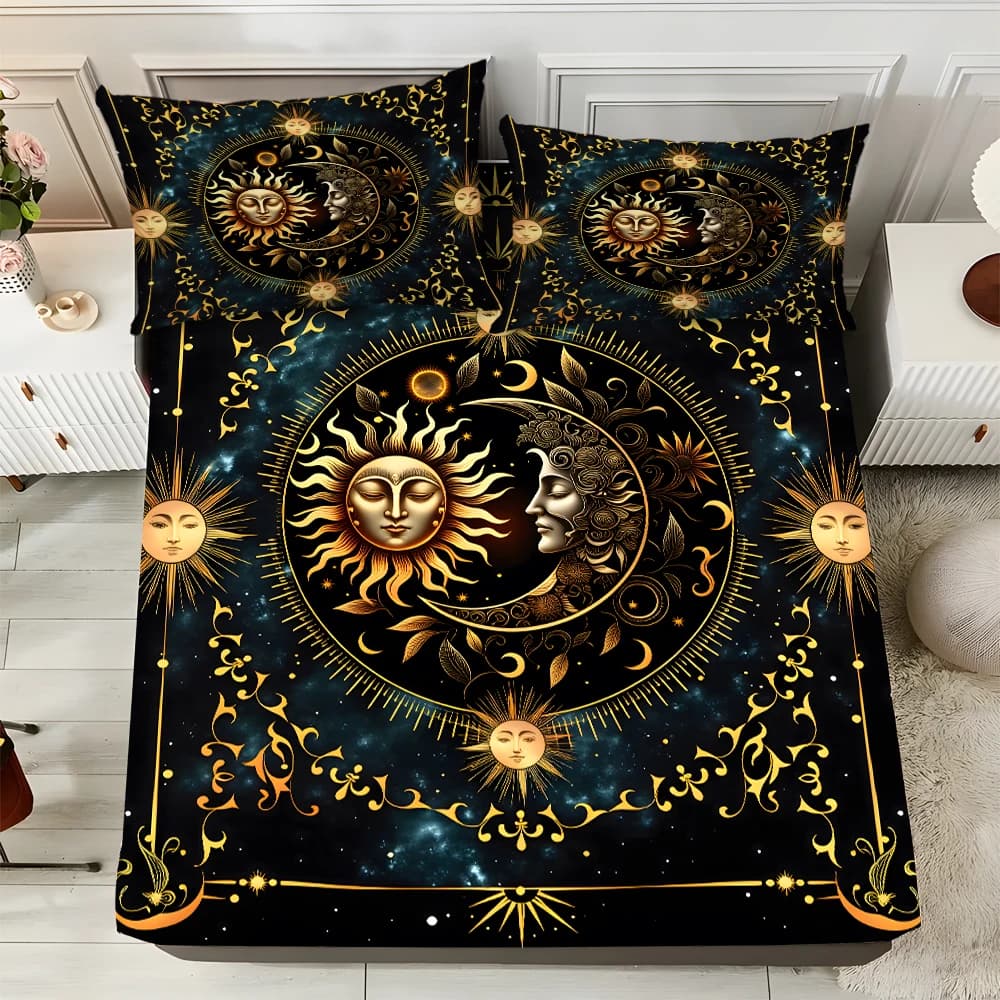 Set di Lenzuola 3 Pezzi con Stampa Sole, Luna e Cielo Stellato, 1 Lenzuolo con Angoli e 2 Federe, Morbido e Confortevole in Microfibra, Tasche Profonde, per Letti Queen e King