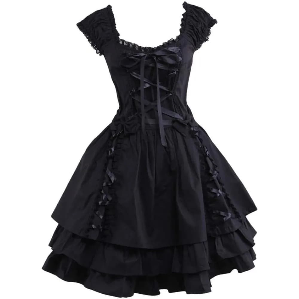Abito Lolita gotico classico da donna con lacci a strati neri, elegante abbigliamento da festa con pizzo e fiocco, costumi da cameriera anime di Halloween