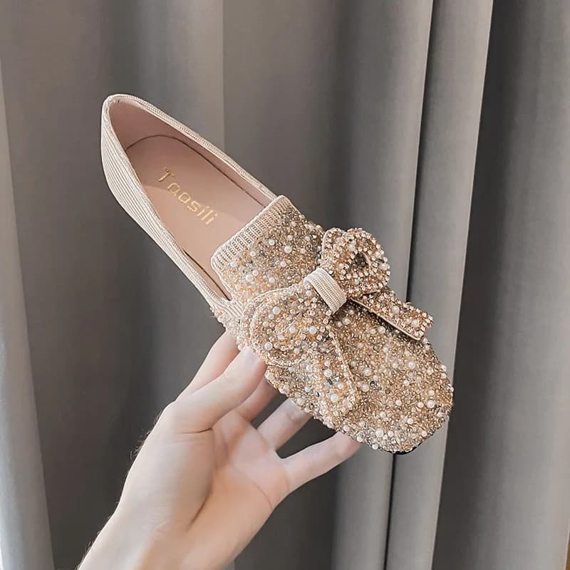 Scarpe basse per le donne 2023 autunno New Bow-knot perle scarpe da donna Flats Retro Light Slip on mocassini Casual Zapatillas Mujer