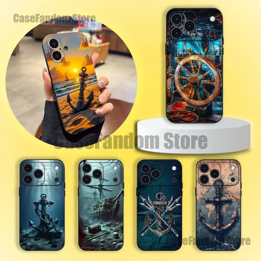 Custodia Morbida Nera per iPhone 17, 16, 15, 14, 13, 12, 11, Pro, Max, Plus con Motivo Ancora, Barca e Timone