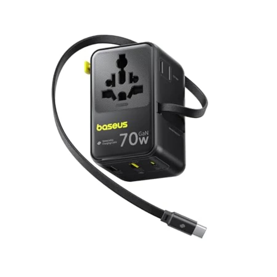 Adattatore da Viaggio Universale 6-in-1 con Cavo Retrattile, Caricatore USB-C PD a Ricarica Rapida per Uso Mondiale