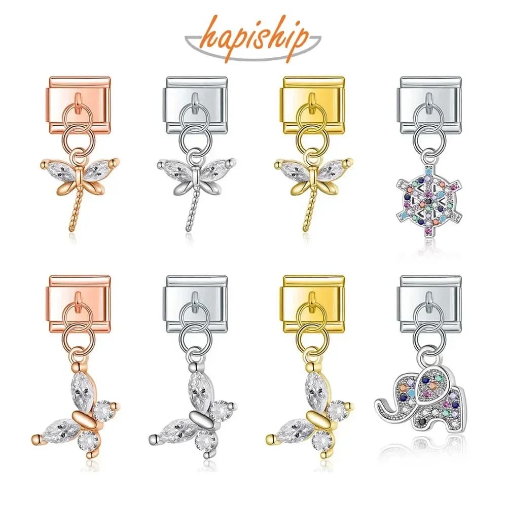 Hapiship 2023 Nuovo Colore di Moda CZ Elefante Libellula Fascino Collegamento Italiano Misura FAI DA TE 9mm Bracciale In Acciaio Inox Gioielli FAI DA TE DJ600
