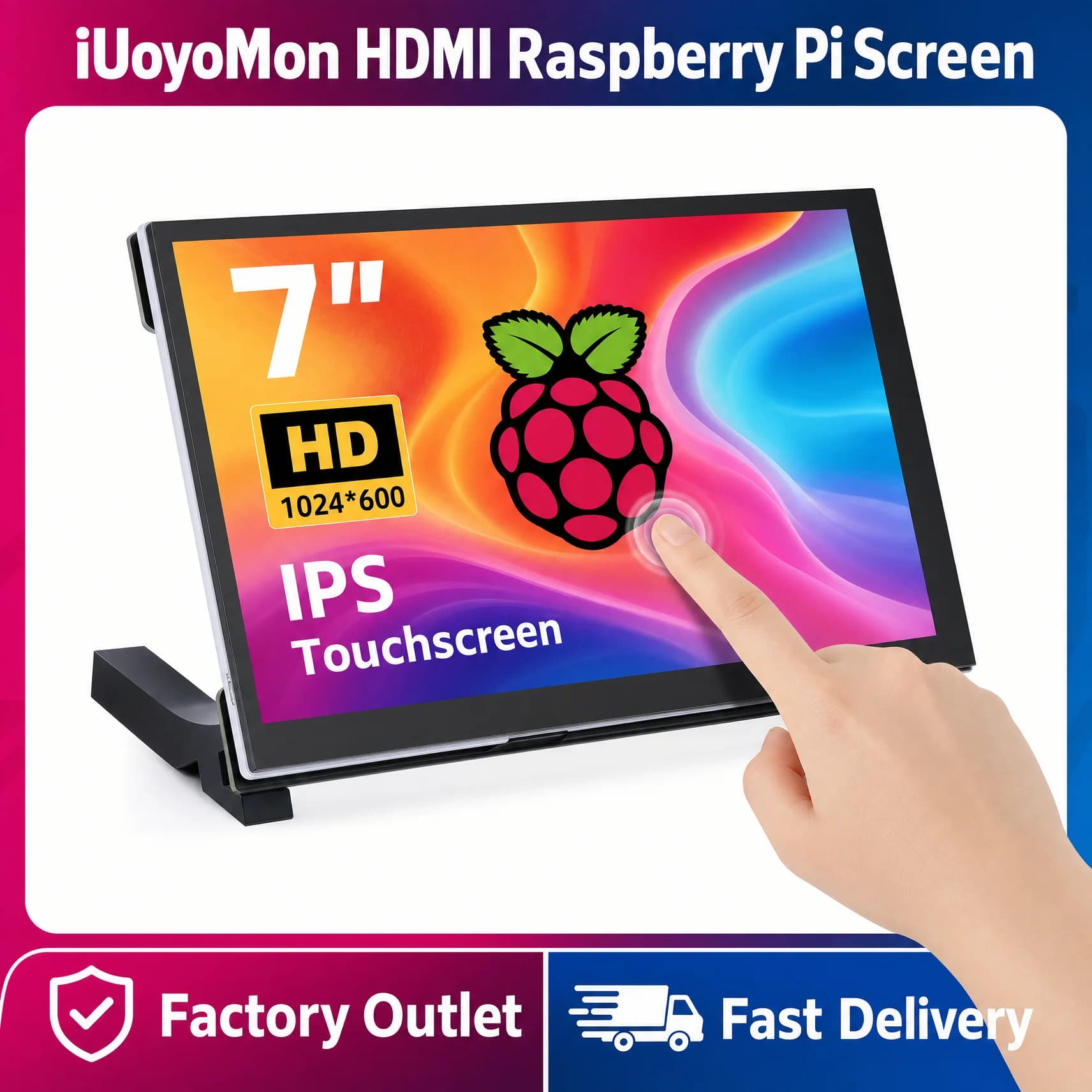 7 Inch Raspberry Pi Monitor 1024x600 IPS 5-Points Capacitive Touchscreen HDMI Display For Win 7/8/10 Drive Free