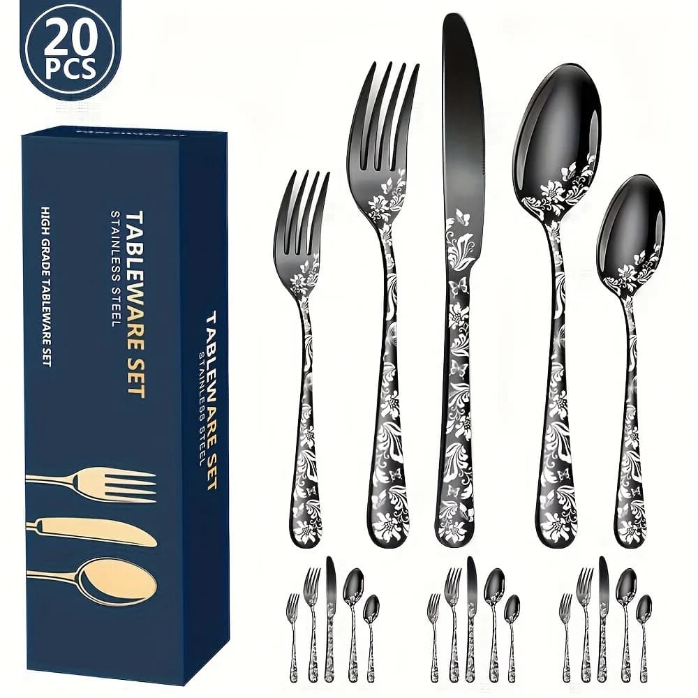 Set of 20 pieces, 1 set for domestic kitchen, western kitchen, steak pattern, knife set, fork, spoon