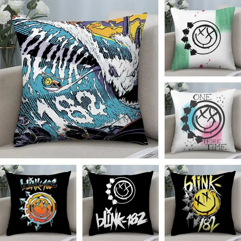 Decorative 2D Pillow Sheet with Blink 182 band front-back print, in soft linen, per bedroom, living room, sofa, punk gift