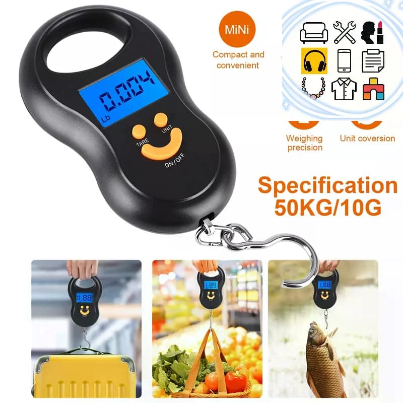 Bilancia Elettronica da Cucina 50Kg/10g con Display LCD, Retroilluminazione, per Pesca, Tascabile, da Viaggio e per Bagagli