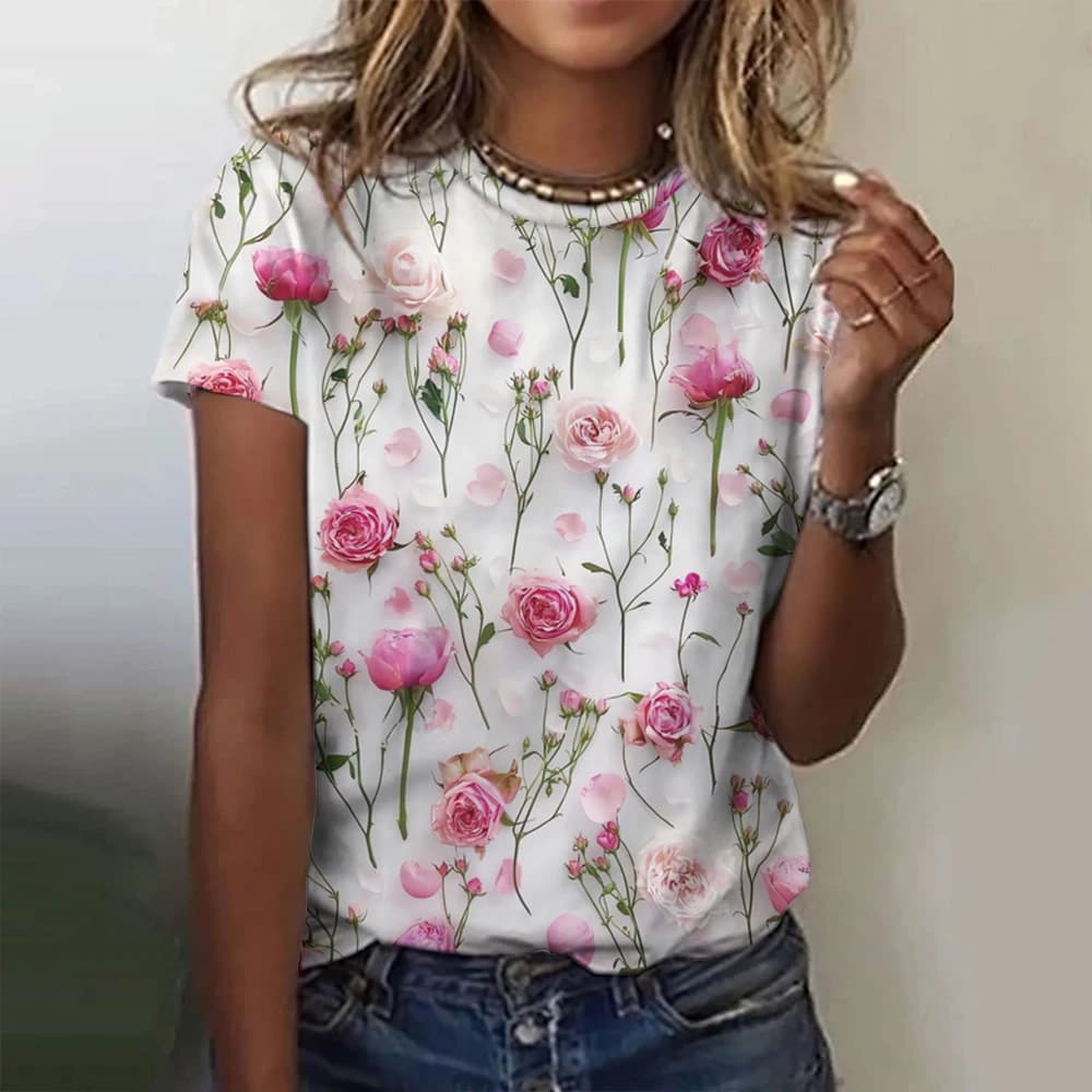 T-shirt da donna Flower 3D Printed top t-shirt oversize estate nuovi vestiti popolari a farfalla abbigliamento donna t-shirt manica corta