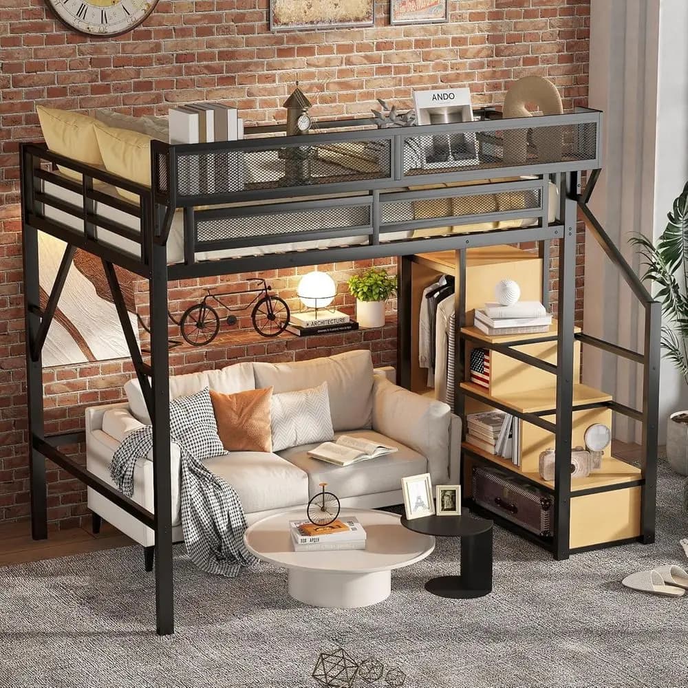 Letto a soppalco in metallo a grandezza naturale con scale, letto a soppalco resistente con contenitore e armadio, adatto per adulti o ragazzi, non richiede rete a molle.