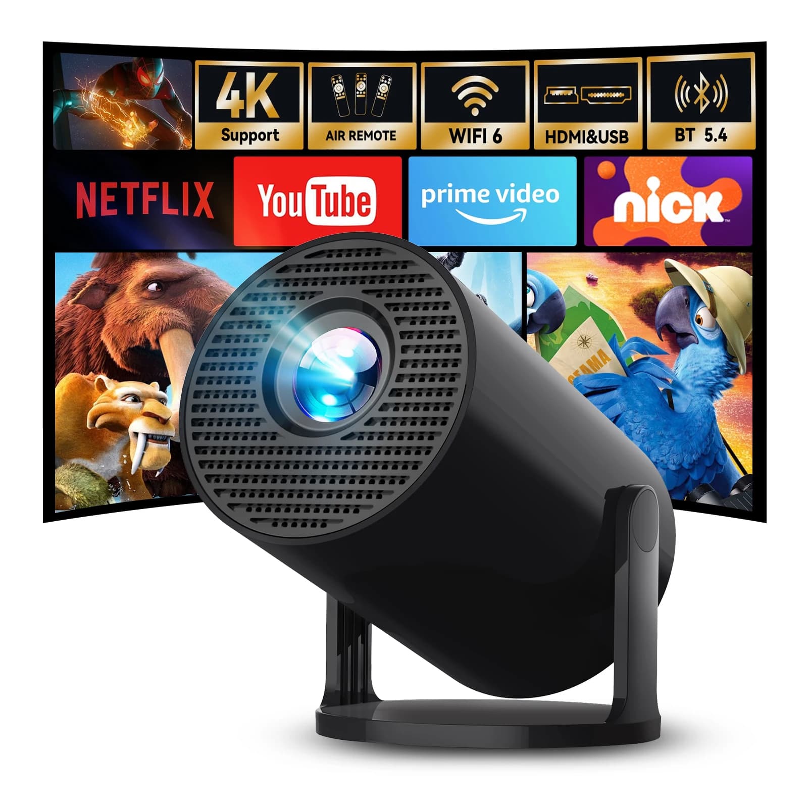 Mini Proiettore X1BR con WiFi6 e BT5.4, Beamer Portatile con Supporto 4K, Android 14 Aggiornato, Proiezione a Corto Raggio 180° ° Video Rotante per Esterni