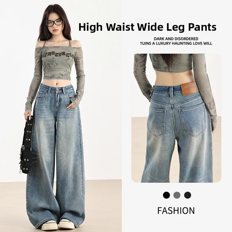 High Waist Wide Leg Fleece Lined Denim Jeans Women's Loose Straight Leg Long Pants Firework Pattern Trendy Washed Jeans