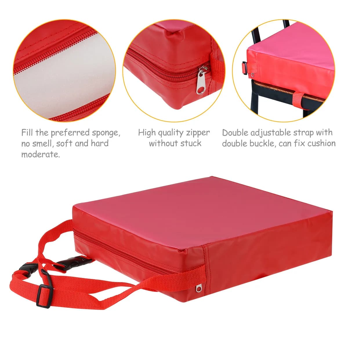 Kids Children Dining Chair Booster Cushion Red PU Sponge Size 31.5x31.5x8cm Extra Strong Adjustable Straps Baby Seat Dining