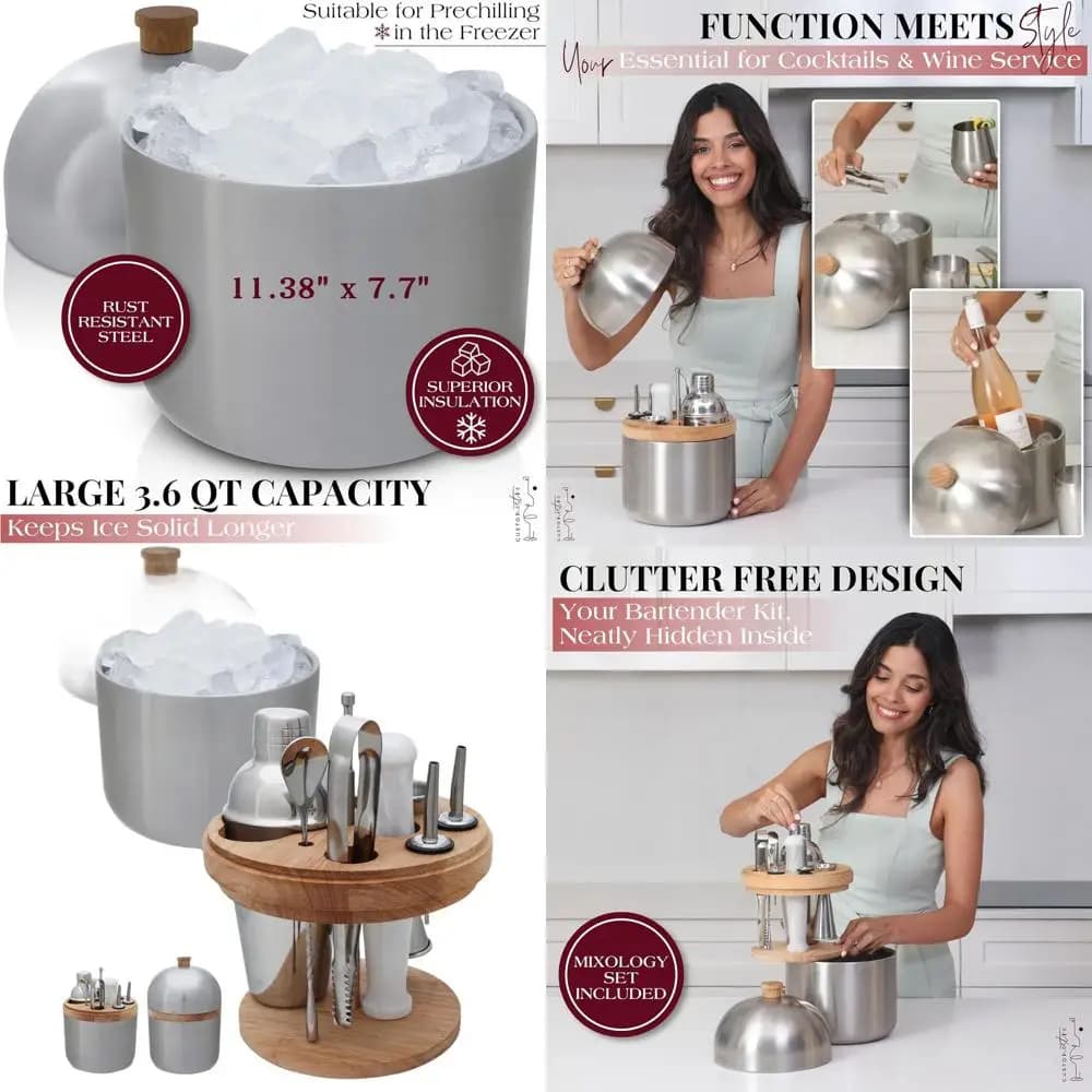 Kit da cocktail con secchiello per il ghiaccio in acciaio inossidabile: strumenti completi per miscelologia con supporto in legno, shaker, jigger, muddler, cucchiaio, pinze, custodia