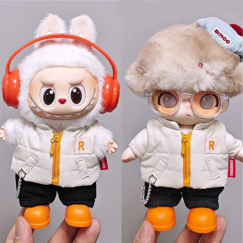 For 15 17cm Labubu Doll Solid Color Winter Down Vest With Jeans Shoes Complete Outfit Clothing Color Blocking T- Shirt Clothes