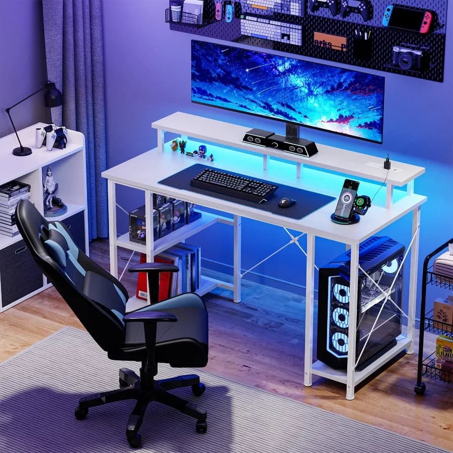 48-Inch Gaming Desk with LED Lights Power Outlets Monitor Stand App-Controlled Features and Headphone Hook