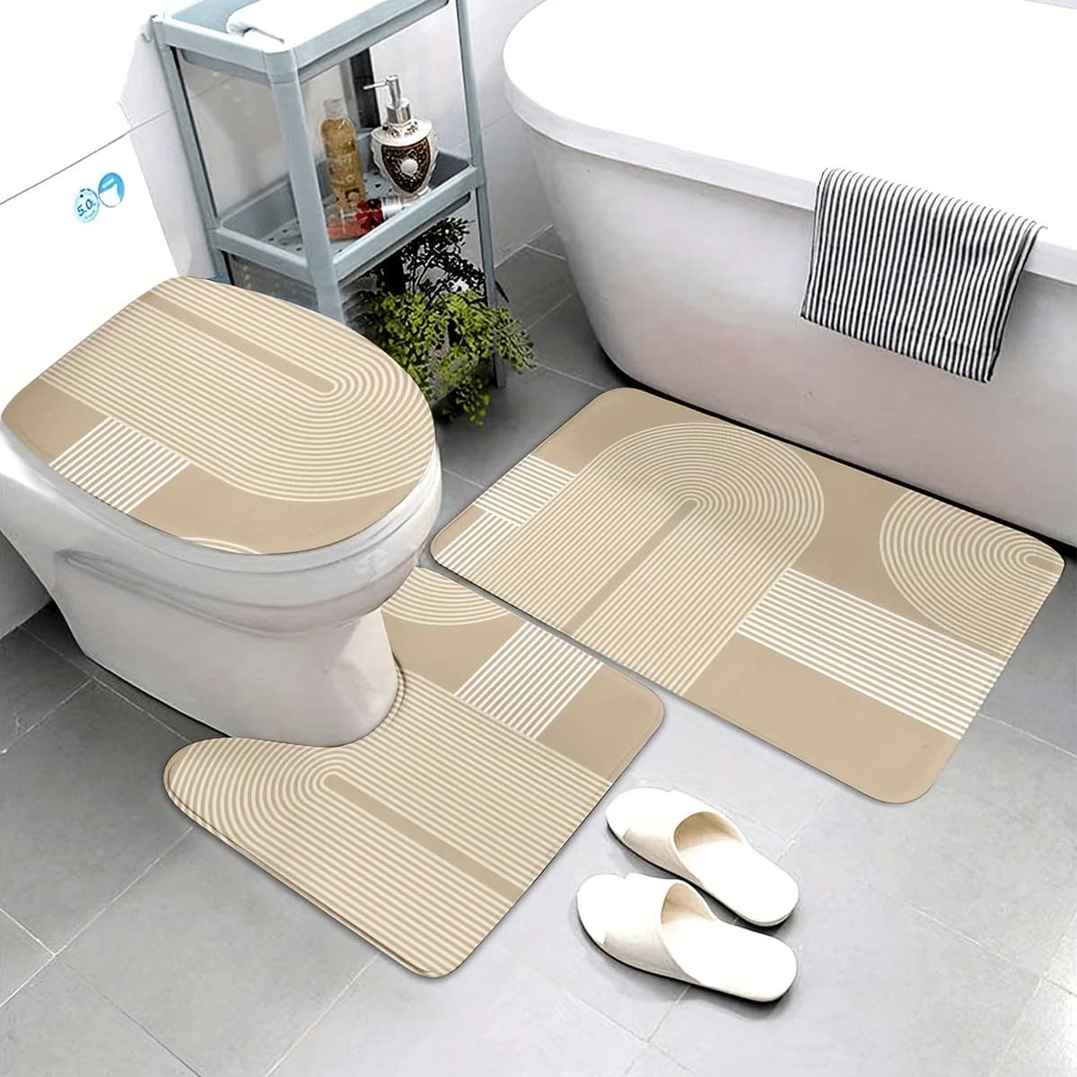 3 Piece Scandinavian Bathroom Mat Set - Non-Slip Washable Rug with Toilet Seat Cover and Contour Mat for Bathroom Decor