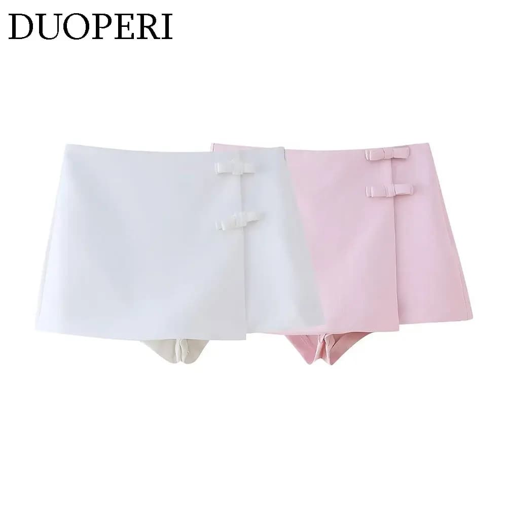 DUOPERI Women Fashion Solid Mini Skorts High Waist with Bowknot Female Chic Lady Casual Skirt Shorts Culottes