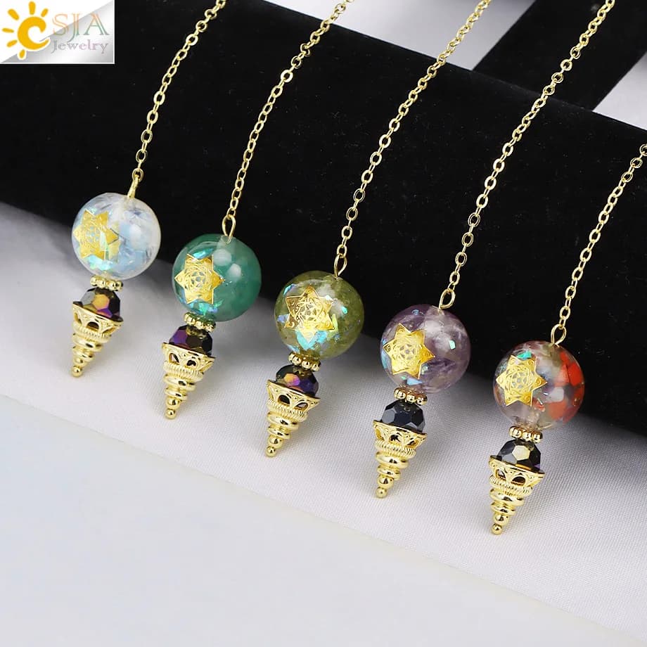 CSJA Reiki resina cristallo pietra perlina pendolo per divinazione rabdomanzia guarigione quarzo rosa ciondolo spirituale pendolo gioielli H491