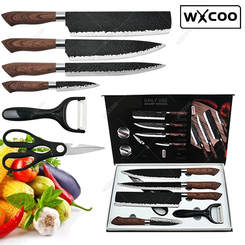 6-7pcs Kitchen Knives Set Chef Slicing Knives Set Meat Cleaver Fruit Knife Peeler Scissors Stainless Steel Cooking Set Tools