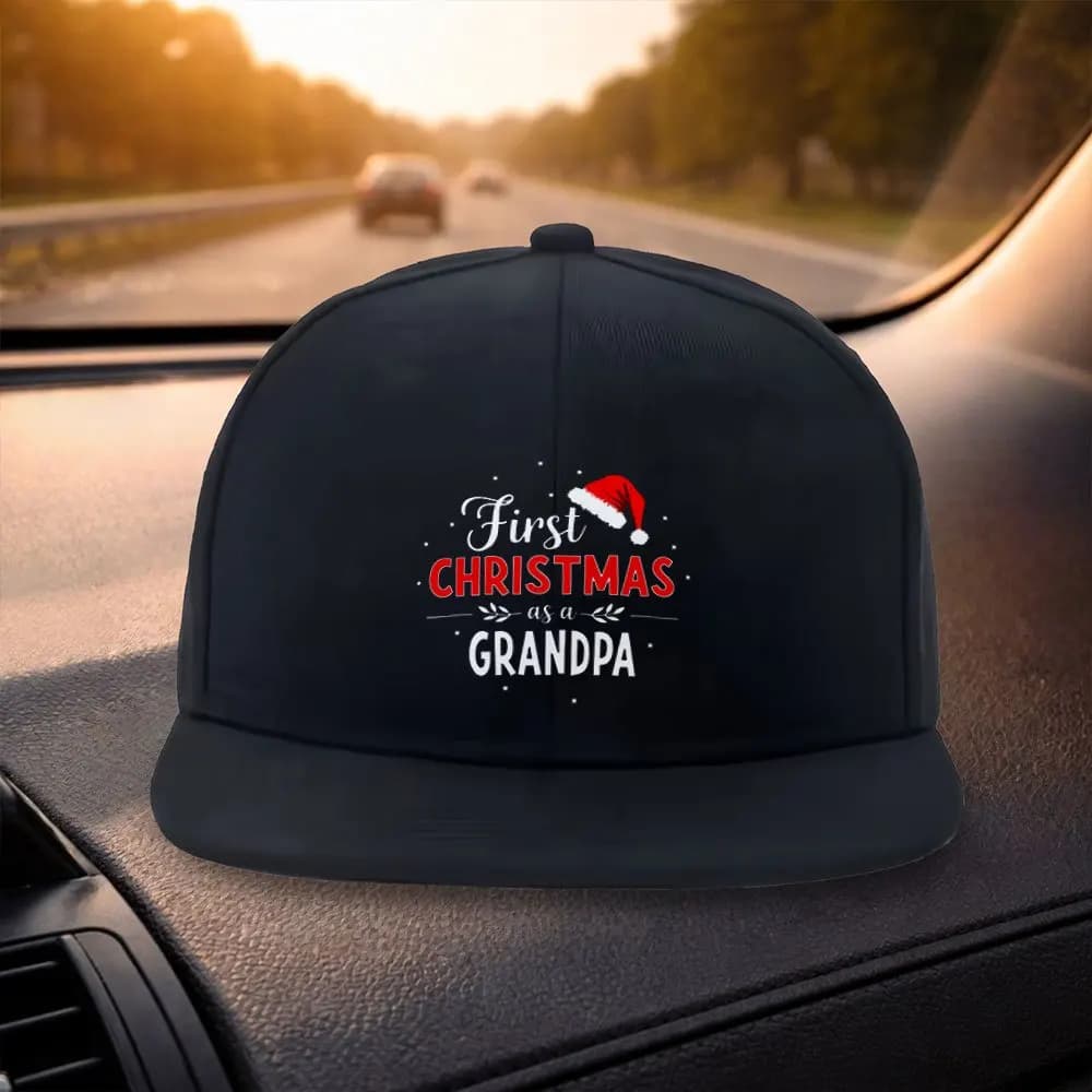 Unisex Classic Flat Brim Baseball Cap Fashionable Grandpa'S First Christmas Design Black Casual Hat Suitable for Outdoor Acti