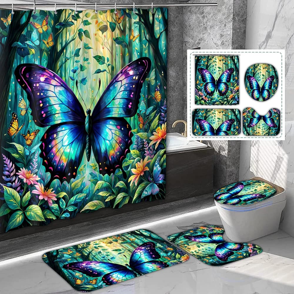 Set di 4 pezzi di tenda da doccia impermeabile con motivo a farfalla con 12 ganci, tenda stampata impermeabile, tappetino da bagno