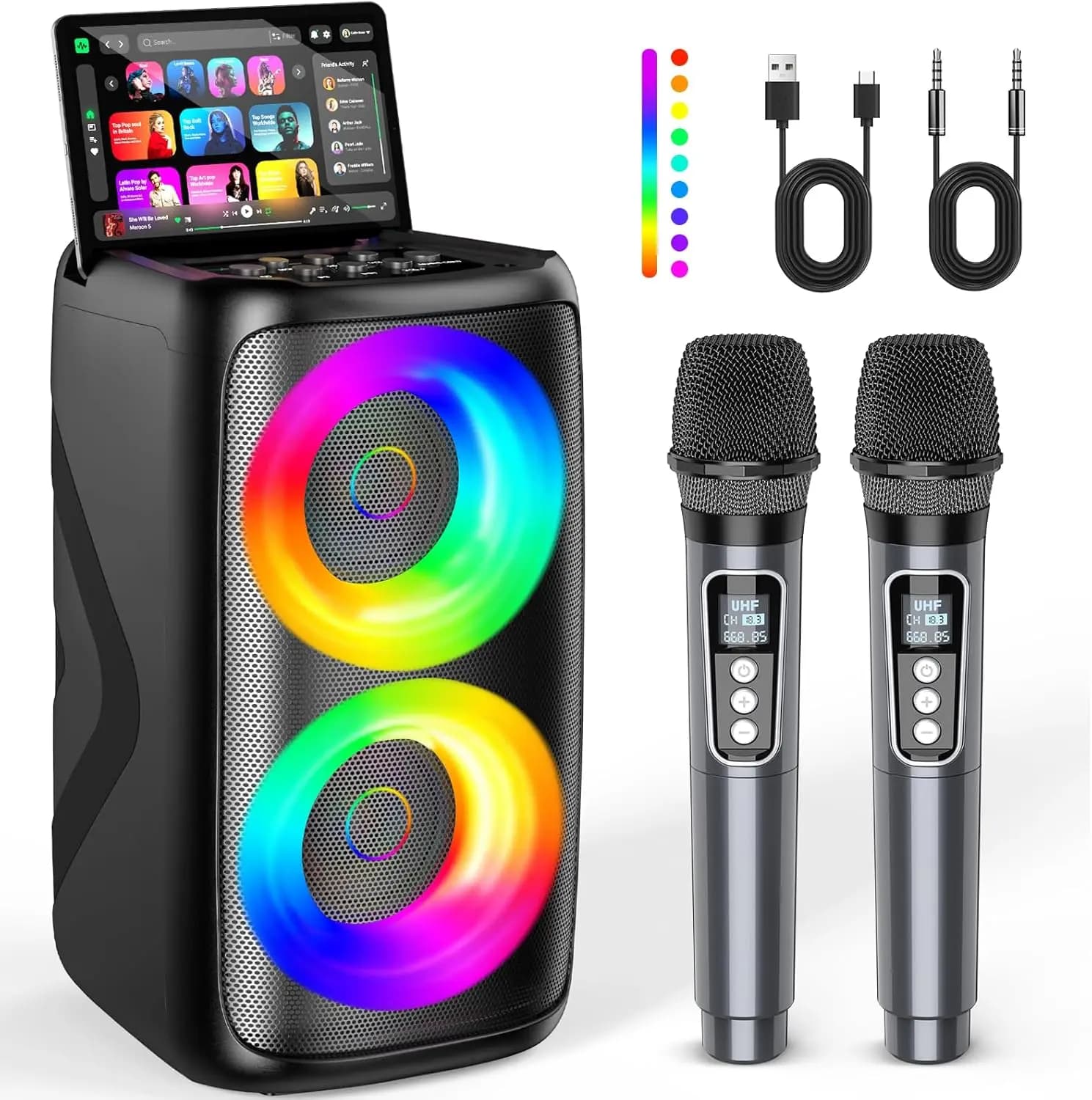 Macchina Karaoke Portatile con 2 Microfoni Wireless, Altoparlante Bluetooth, Luci LED, TWS, 20W, Batteria 8H, Regalo per Adulti