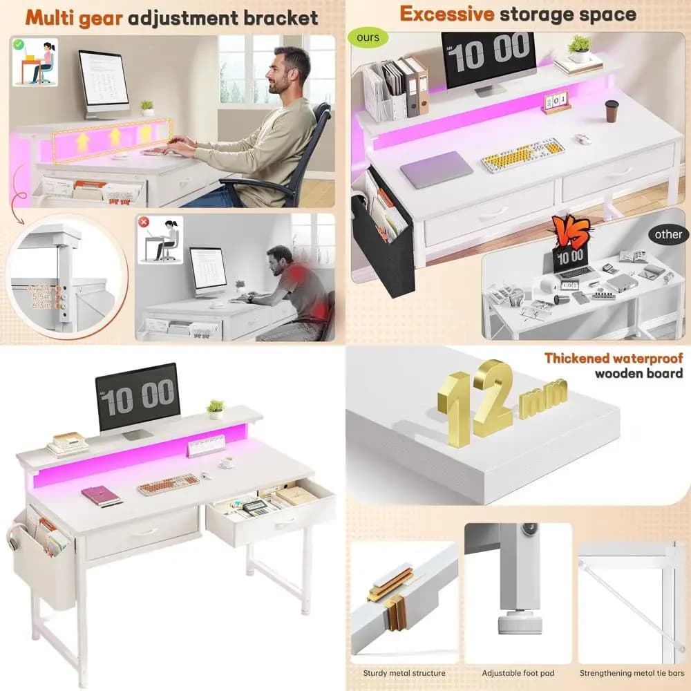 39.4 inch LED office desk with drawers, monitor support and side shelf for studio and small spaces, white