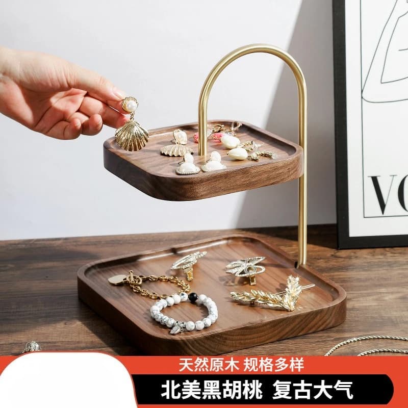 Vassoio in noce nero, piatto per torte e frutta secca, piatto per snack da soggiorno, piatto per frutta a doppio strato in stile europeo, portaoggetti in legno.