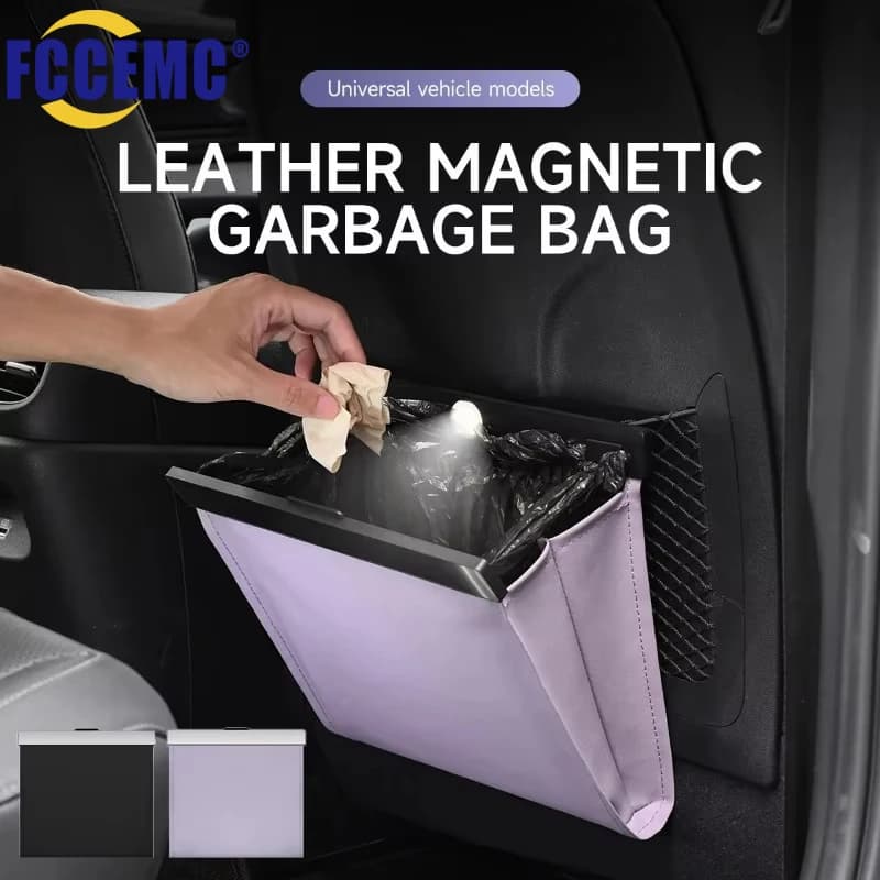 Sacco della spazzatura per auto con adsorbimento magnetico a LED Sedile posteriore in pelle PU impermeabile Sacco della spazzatura appeso Bidone della spazzatura Accessori auto