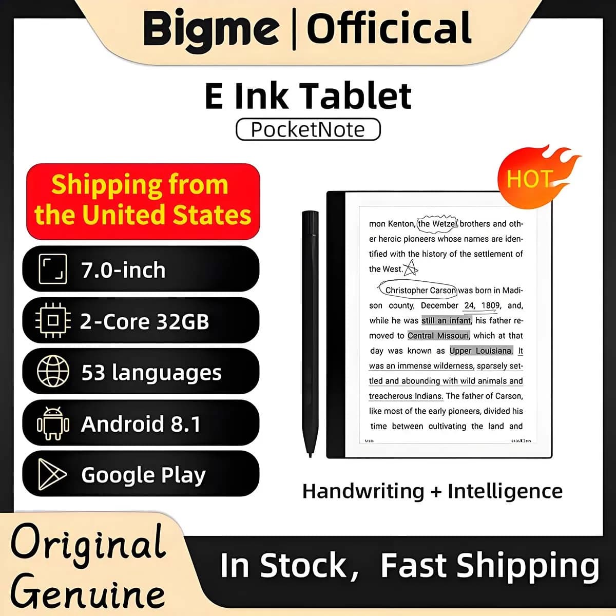 Lettore di ebook Bigme pocketNote, libro elettronico con schermo e-ink da 7'', sistema Android, supporto Google Play, tablet ebook con schermo Eink