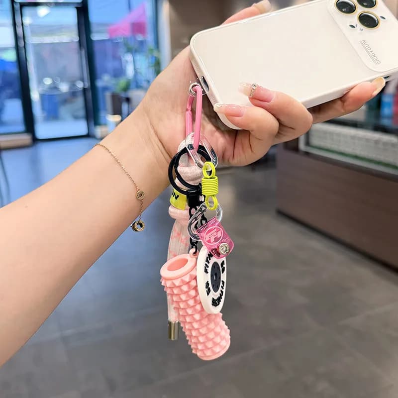 Fitness Yoga Keychain, Gym Accessories with Weight Plate Large Foam Roller Loops Clips for Bags Colorful Woven Rope Keychain