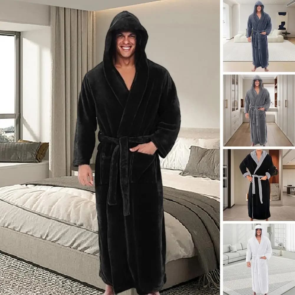 Accappatoio accogliente Accappatoio da uomo di lusso con cappuccio con cintura regolabile Accappatoio maschile ultra morbido e assorbente con tasche Peluche Tinta unita