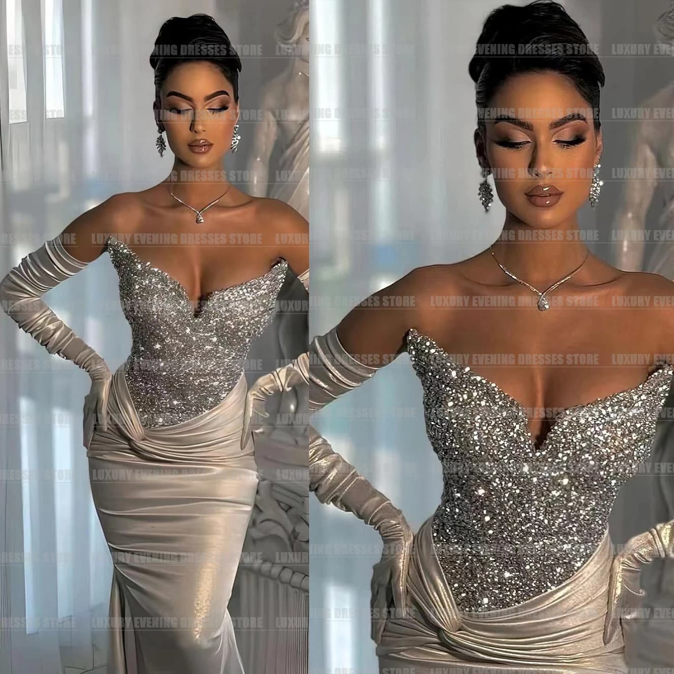 Abiti da sera con paillettes da donna di lusso Sirena con scollo a V Abiti da ballo senza maniche in raso liscio sexy Abiti da ballo senza guanti personalizzati