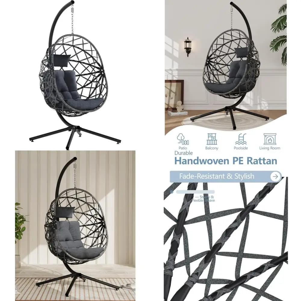 Suspended egg chair in outdoor wicker with pillow, rocking chair for inner patio, capacity 400 pounds, perfect for garden, bedroom and garag
