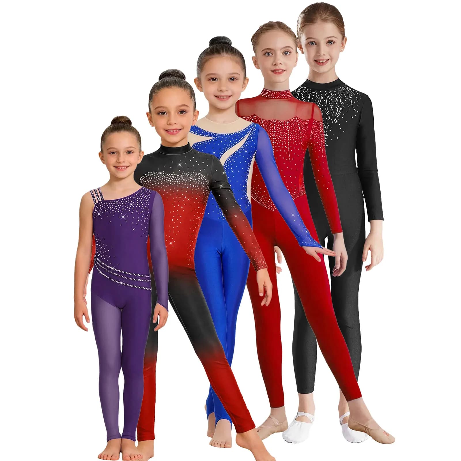 Body da Danza Asimmetrico con Strass per Bambine, Tuta Intera in Rete Trasparente per Ginnastica e Pattinaggio Artistico