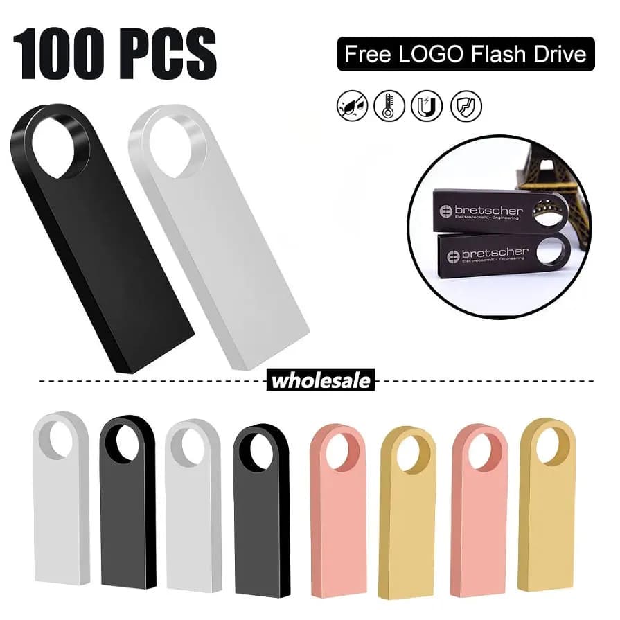 100 pz/lotto Pendrive in metallo con logo personalizzabile 16GB 32GB 64GB 128GB USB 2.0, chiavetta USB nera/argento, memory stick USB, pen drive, flash drive, U disk