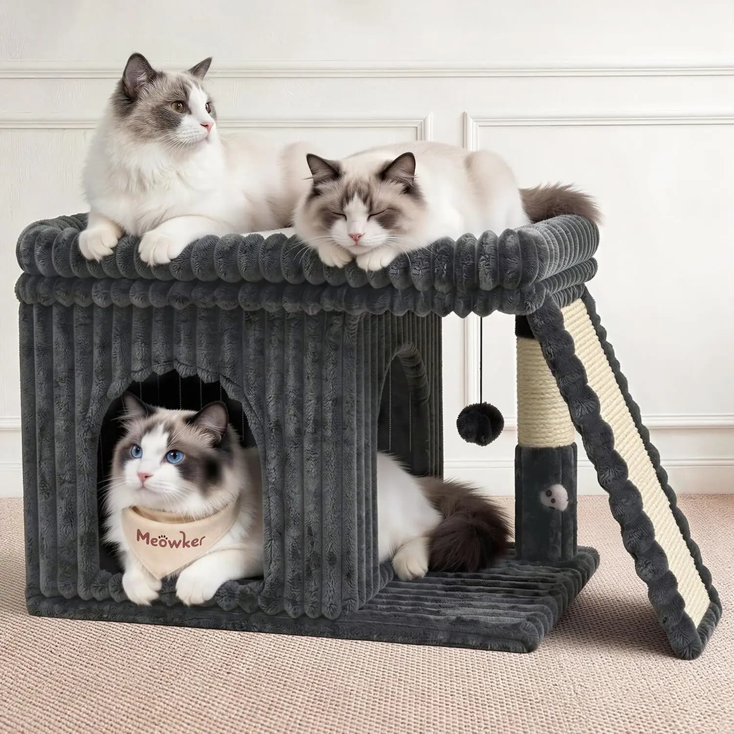 Heavy Duty Cat Tree with Scratching Post, Modern Dark Gray Fabric for Large Cats & Kittens