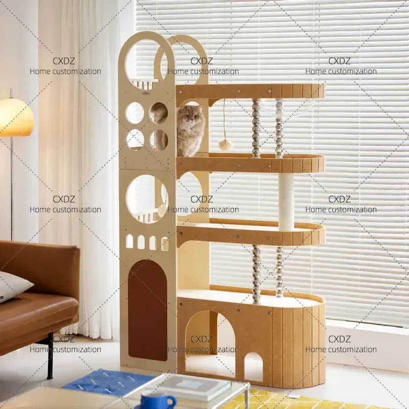 Sunset Island Multi Layer Solid Wood Cat Tree with Nest Integrated Large High End Climbing Frame for Multiple Cats