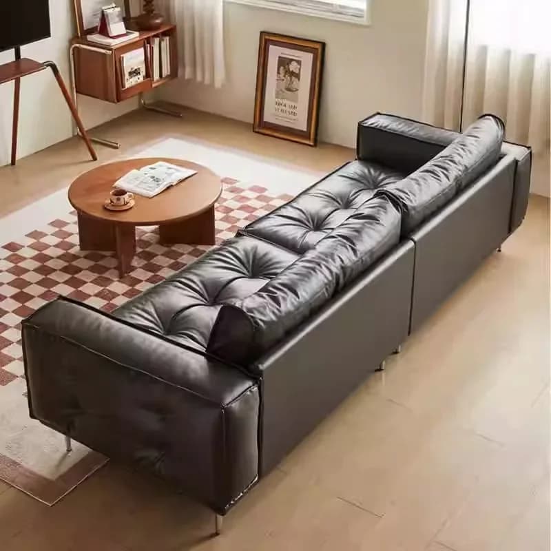 v1 retro oil wax leather sofa living room small apartment straight row first layer cowhide tofu block antique sofa